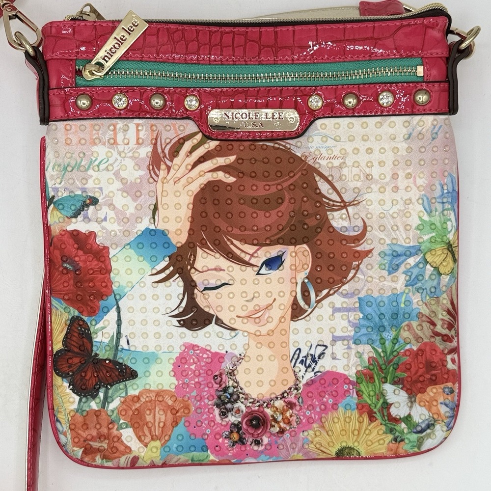 New Without Tags Nicole Lee Cross Body Winking Girl Butterfly Flower Purse White